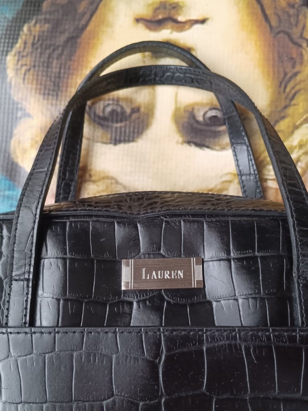 Lauren Ralph Lauren Black Leather Croc Embossed Bag Silver Tag Made in Korea